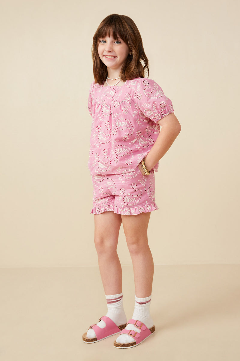 GY9268 Pink Girls Botanical Embroidered Square Neck Top Pose