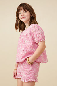 GY9268 Pink Girls Botanical Embroidered Square Neck Top Side