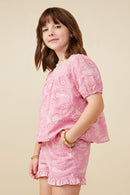 GY9268 Pink Girls Botanical Embroidered Square Neck Top Side