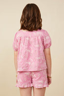 GY9268 Pink Girls Botanical Embroidered Square Neck Top Back