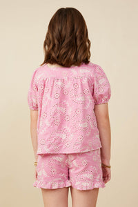 GY9268 Pink Girls Botanical Embroidered Square Neck Top Back