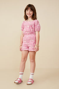 GY9269 Pink Girls Botanical Embroidered Smocked Waist Short Pose