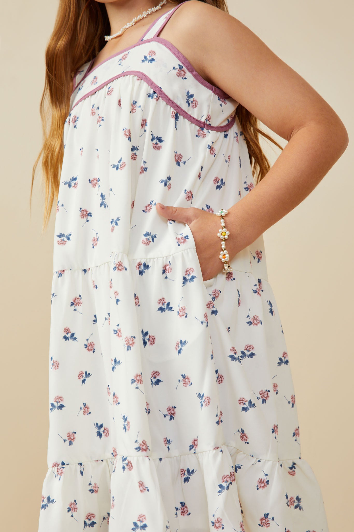 GY9270 Off White Girls Contrast Piped Ditsy Floral Tank Dress Detail