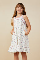 GY9270 Off White Girls Contrast Piped Ditsy Floral Tank Dress Front
