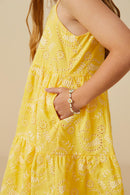 GY9271 Yellow Girls Paisley Embroidered Tiered Tank Dress Detail