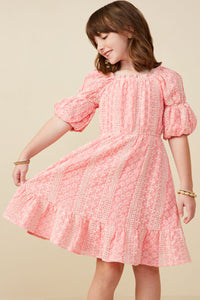 GY9281 Pink Girls Cinch Sleeve Embroidered Dress Front