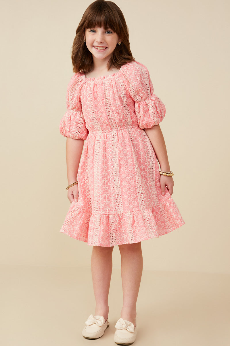 GY9281 Pink Girls Cinch Sleeve Embroidered Dress Full Body