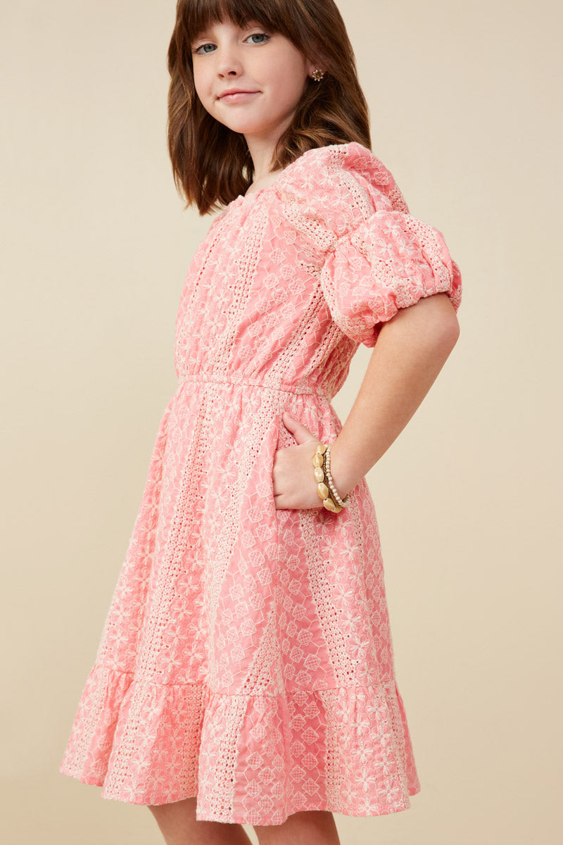 GY9281 Pink Girls Cinch Sleeve Embroidered Dress Side