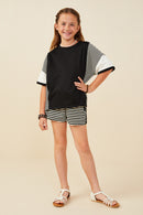 GY9284 Black Girls Colorblock Stripe Insert Knit T Shirt Full Body