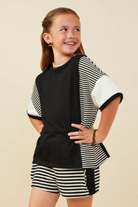 GY9284 Black Girls Colorblock Stripe Insert Knit T Shirt Side