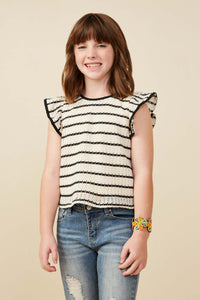 GY9287 Oatmeal Girls Contrast Piped Textured Stripe Knit Tank Front