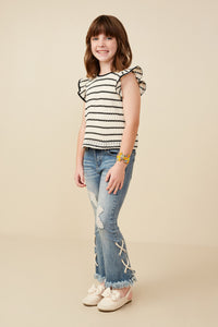 GY9287 Oatmeal Girls Contrast Piped Textured Stripe Knit Tank Pose