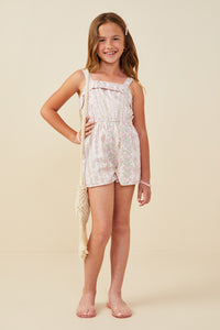 GY9296 Blush Girls Floral Pattern Printed Sleeveless Romper Pose