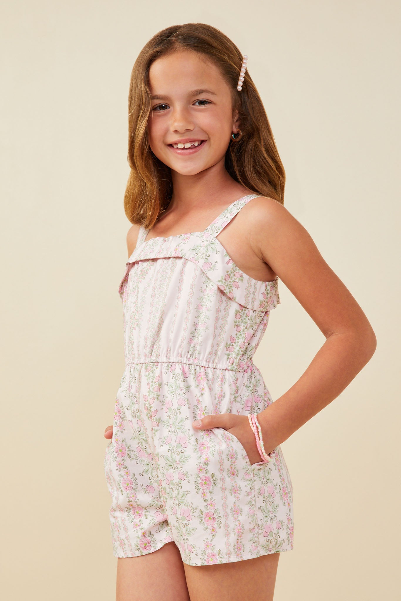 GY9296 Blush Girls Floral Pattern Printed Sleeveless Romper Side