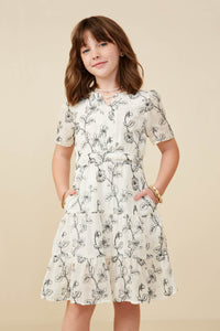 GY9297 Off White Girls Botanical Embroidered Notch Neck Dress Front