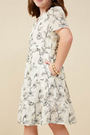 GY9297 Off White Girls Botanical Embroidered Notch Neck Dress Side