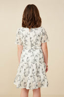 GY9297 Off White Girls Botanical Embroidered Notch Neck Dress Back