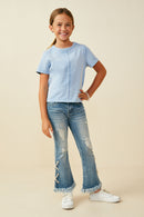GY9300 Blue Girls Raw Edge Detail Washed Knit Top Full Body