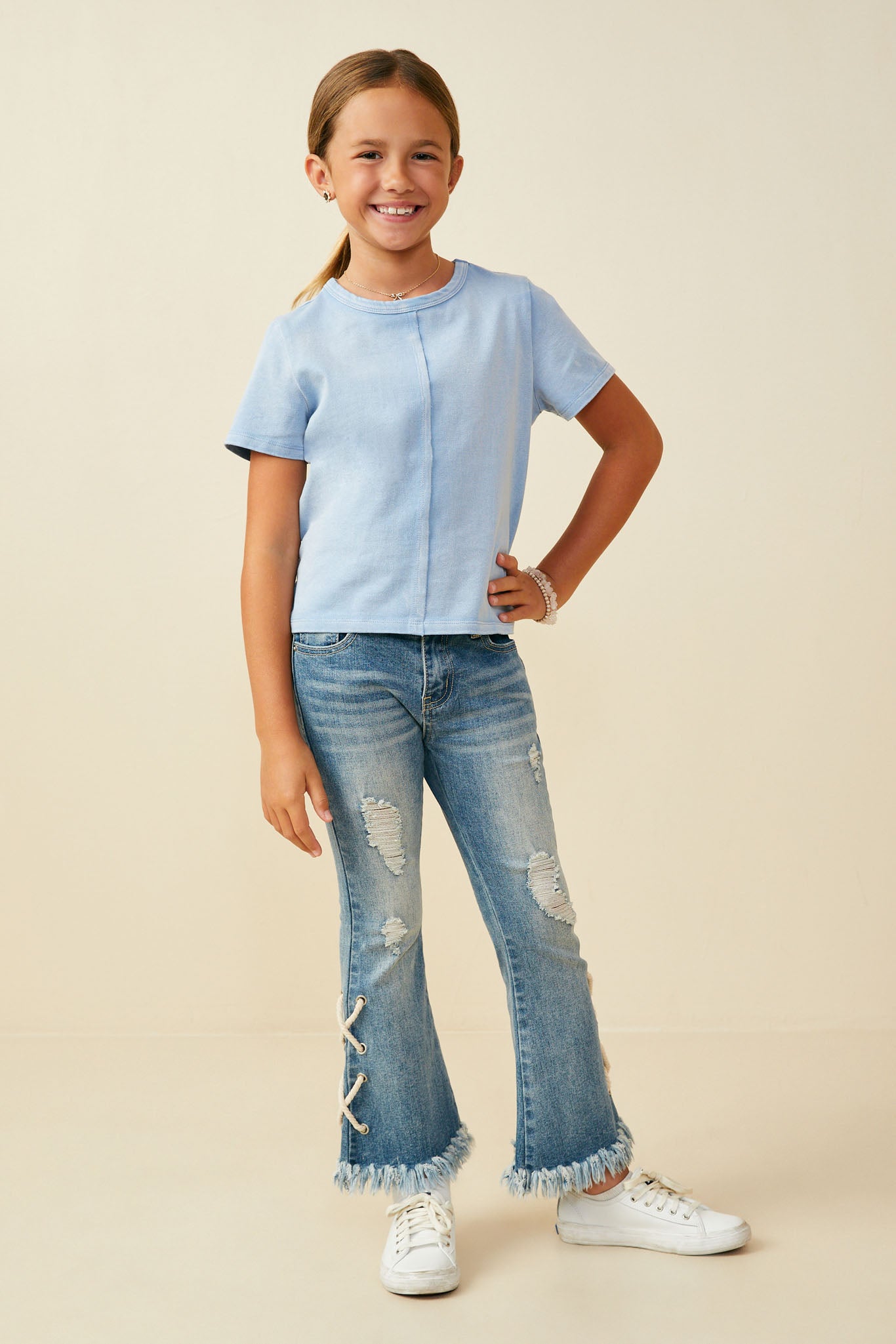 GY9300 Blue Girls Raw Edge Detail Washed Knit Top Full Body