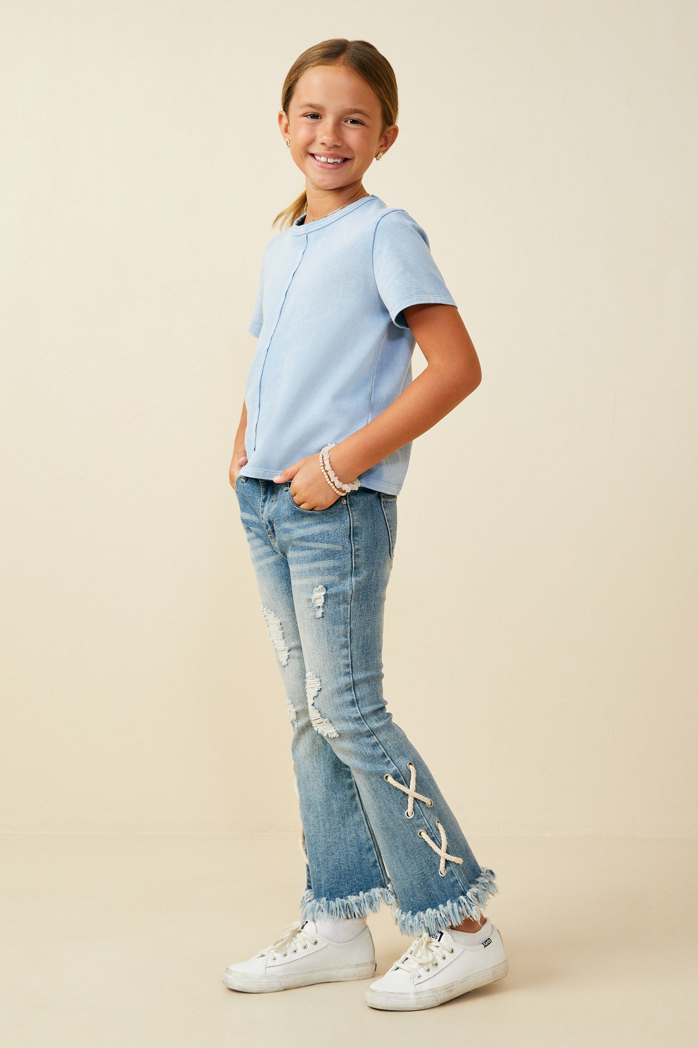 GY9300 Blue Girls Raw Edge Detail Washed Knit Top Side