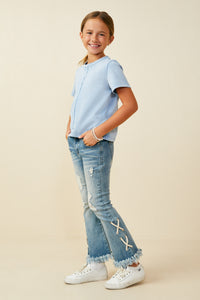 GY9300 Blue Girls Raw Edge Detail Washed Knit Top Side