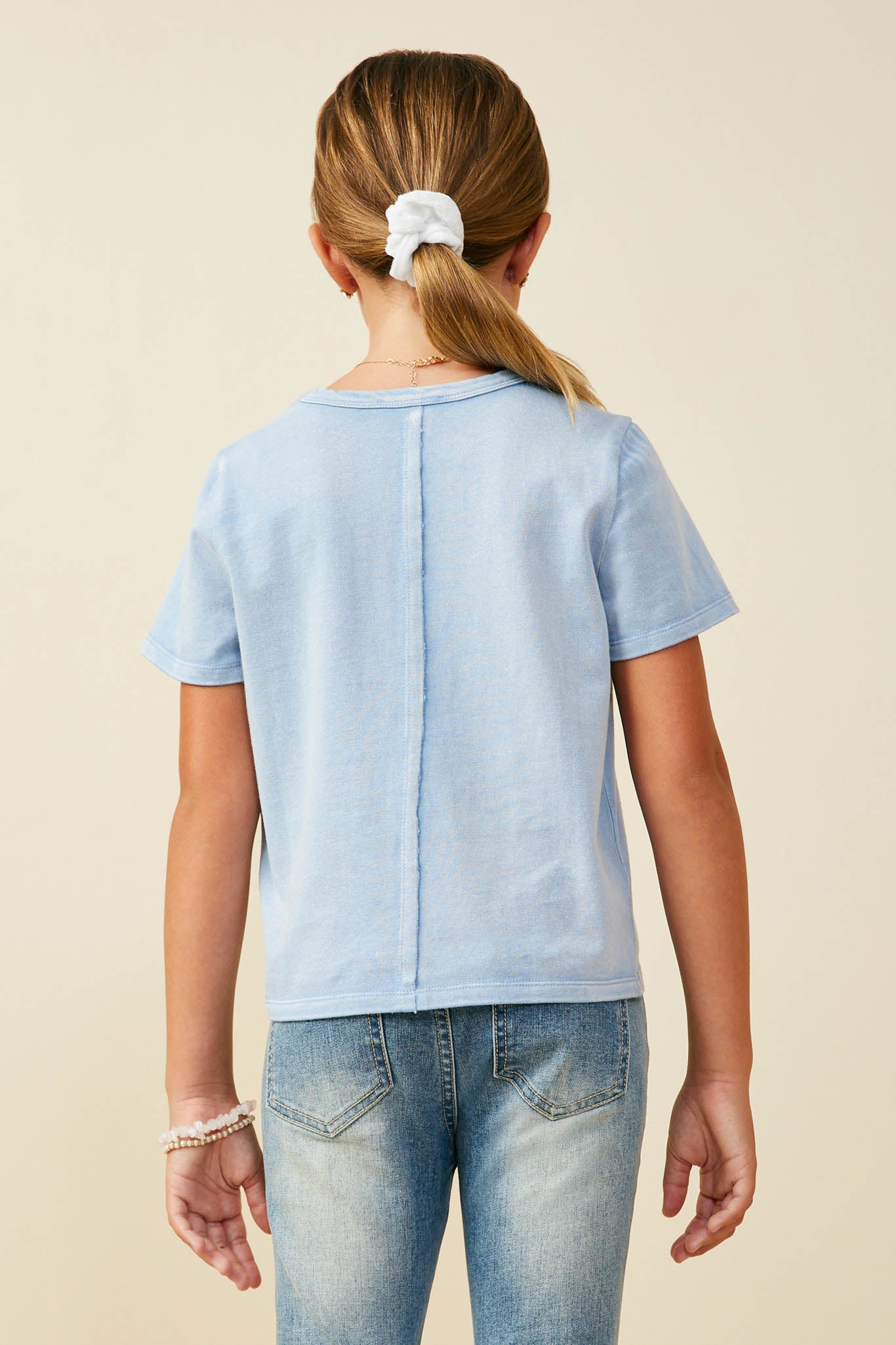 GY9300 Blue Girls Raw Edge Detail Washed Knit Top Back
