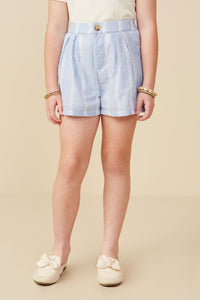 GY9304 Blue Girls Eyelet Lace Striped Buttoned Shorts Front