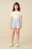 GY9304 Blue Girls Eyelet Lace Striped Buttoned Shorts Pose