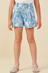 GY9316 Light Blue Girls Romantic Floral Pleated Chambray Shorts Front