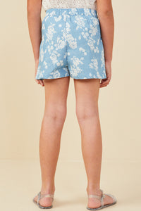 GY9316 Light Blue Girls Romantic Floral Pleated Chambray Shorts Back