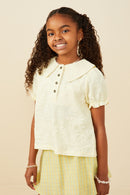GY9340 Yellow Girls Floral Embossed Peterpan Collar Top Front
