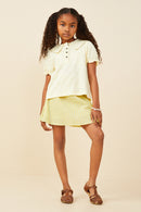 GY9340 Yellow Girls Floral Embossed Peterpan Collar Top Pose