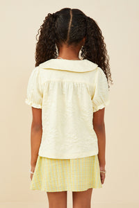 GY9340 Yellow Girls Floral Embossed Peterpan Collar Top Back