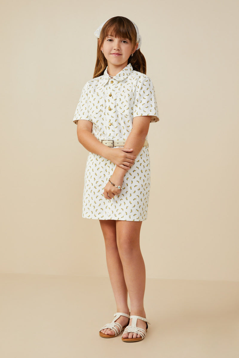 GY9344 Off White Girls Ditsy Print Button Down Twill Dress Pose
