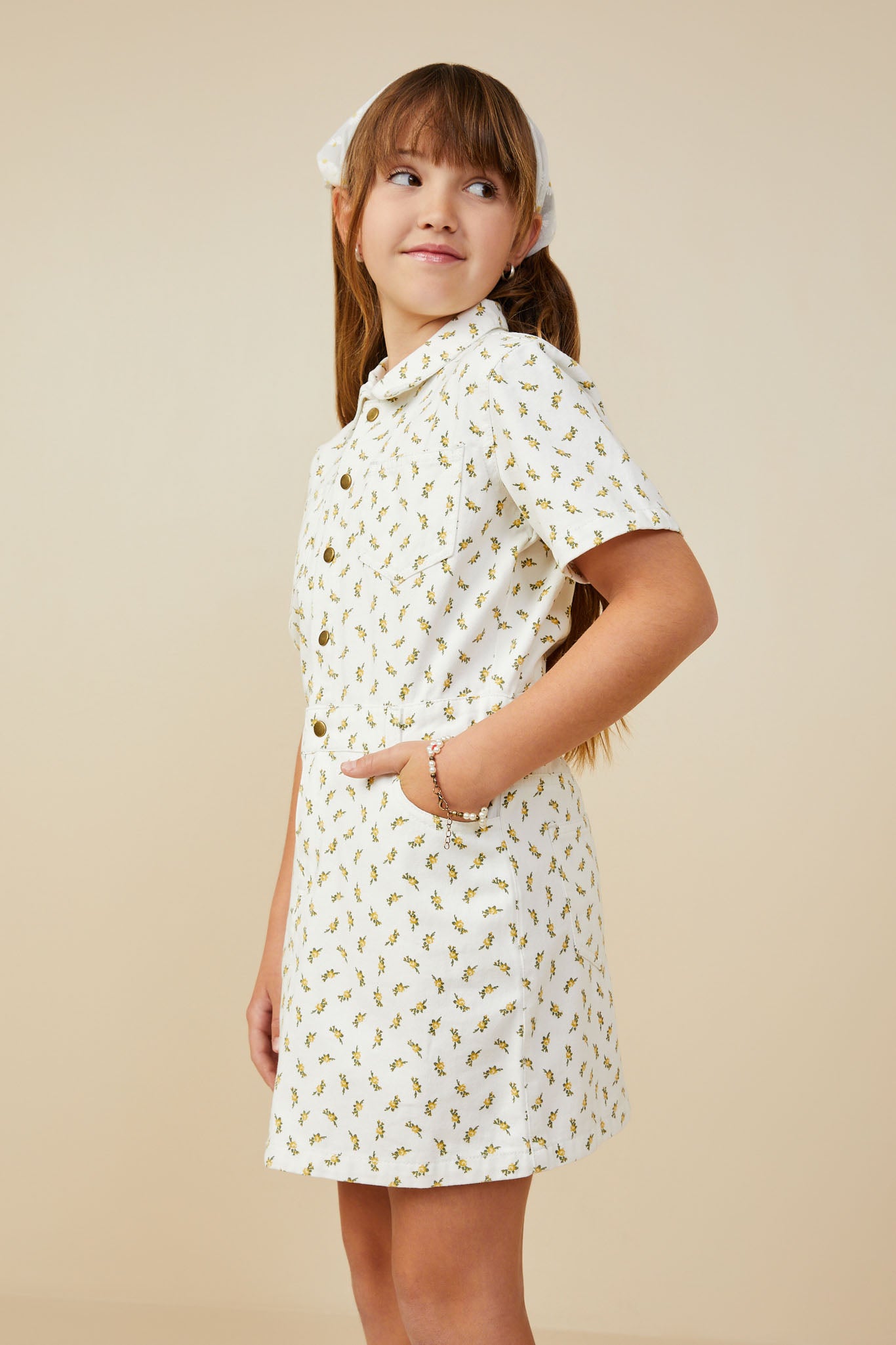 GY9344 Off White Girls Ditsy Print Button Down Twill Dress Side