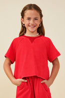 GY9358 Red Girls Washed Short Sleeve Knit Sweatshirt Front