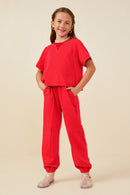 GY9358 Red Girls Washed Short Sleeve Knit Sweatshirt Pose