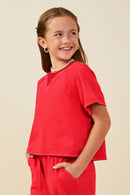 GY9358 Red Girls Washed Short Sleeve Knit Sweatshirt Side