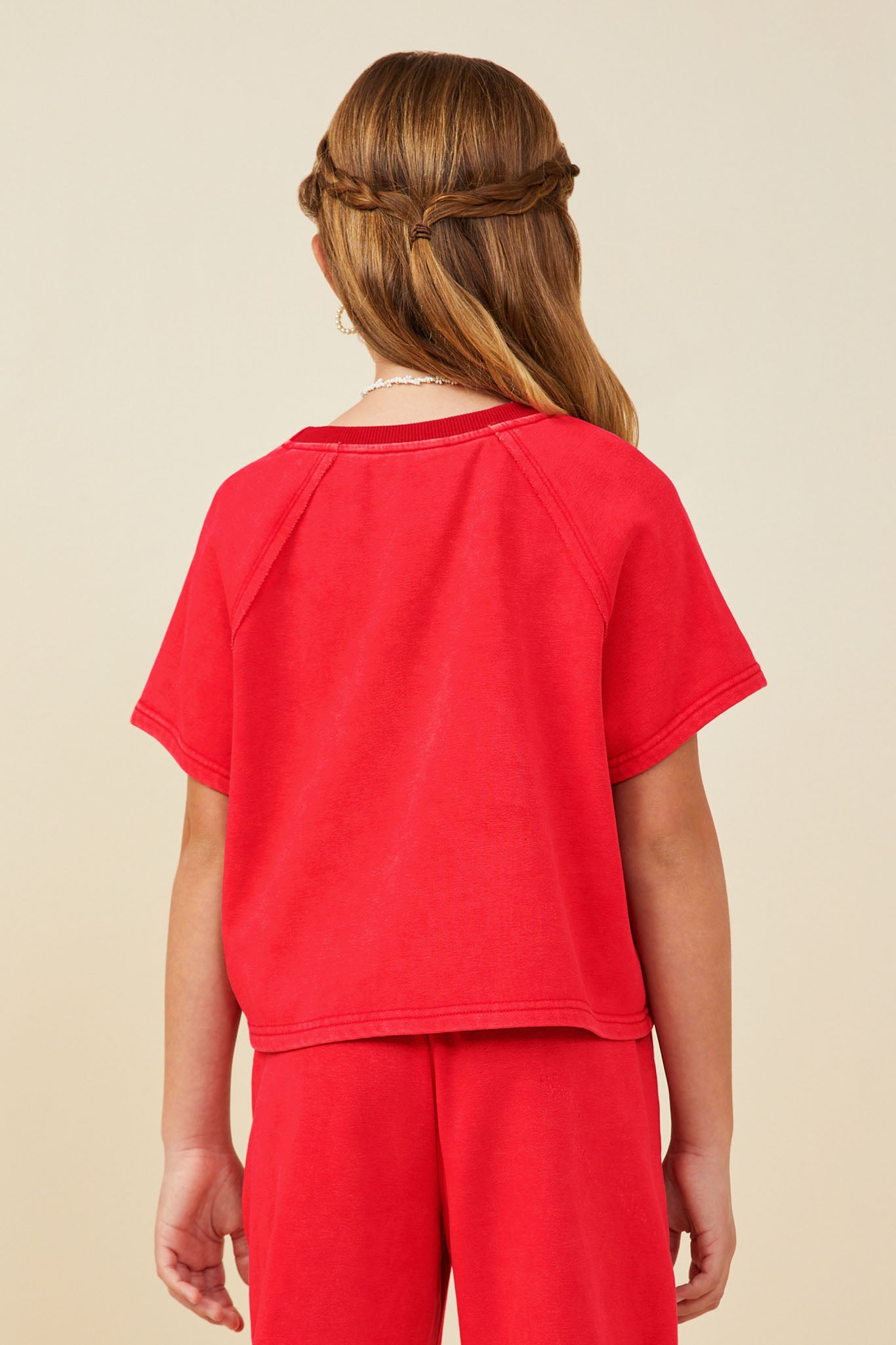 GY9358 Red Girls Washed Short Sleeve Knit Sweatshirt Back