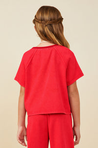 GY9358 Red Girls Washed Short Sleeve Knit Sweatshirt Back