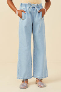GY9360 Denim Girls Wide Leg Drawstring Waist Denim Pants Front