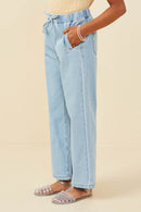 GY9360 Denim Girls Wide Leg Drawstring Waist Denim Pants Side