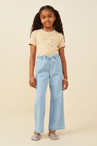 GY9360 Denim Girls Wide Leg Drawstring Waist Denim Pants Pose
