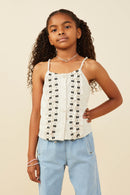 GY9375 Oatmeal Girls Ruffled Tape Trim Linen Tank Front
