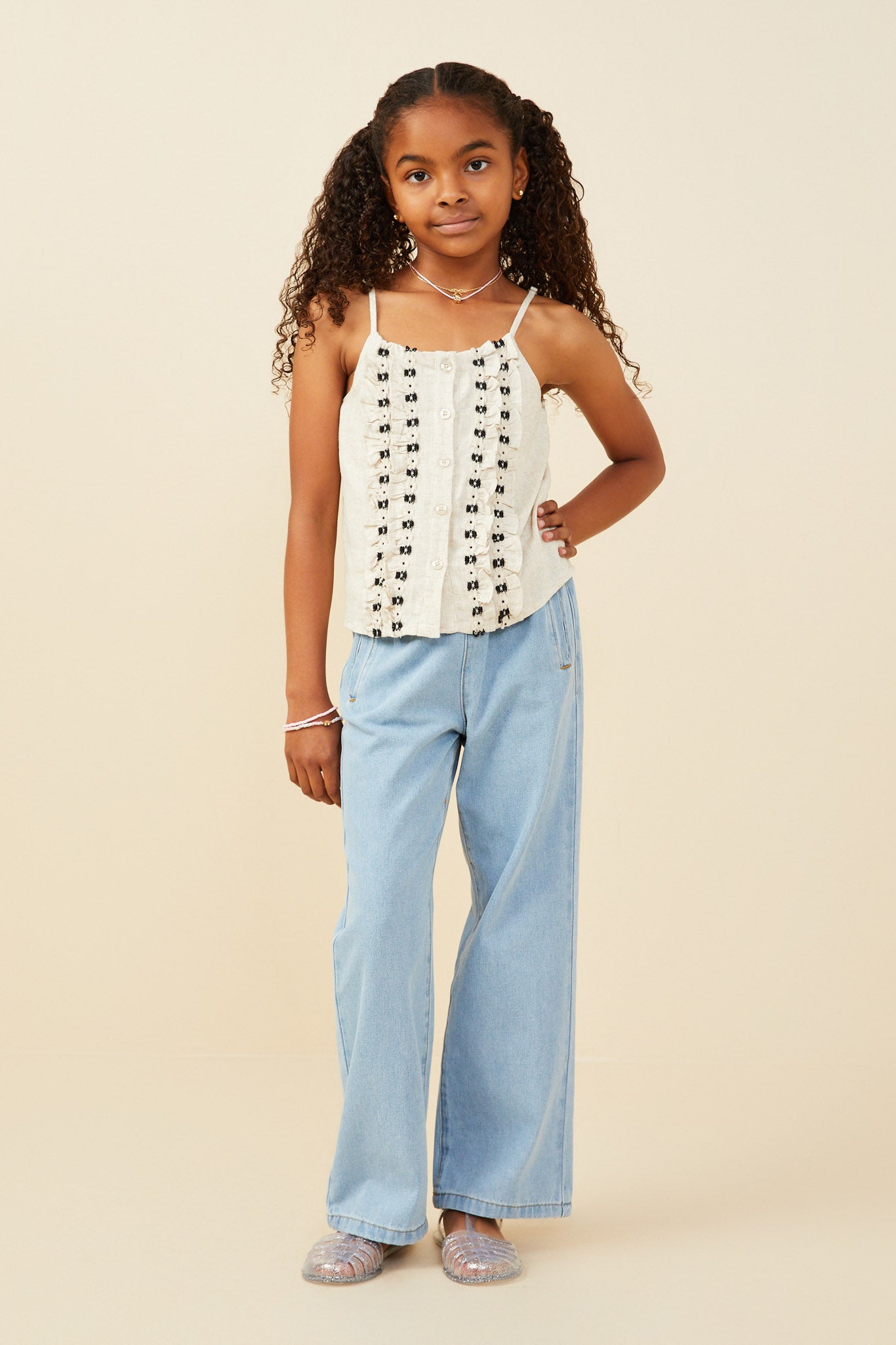 Ruffled Tape Trim Linen Tank