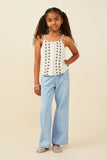 GY9375 Oatmeal Girls Ruffled Tape Trim Linen Tank Pose