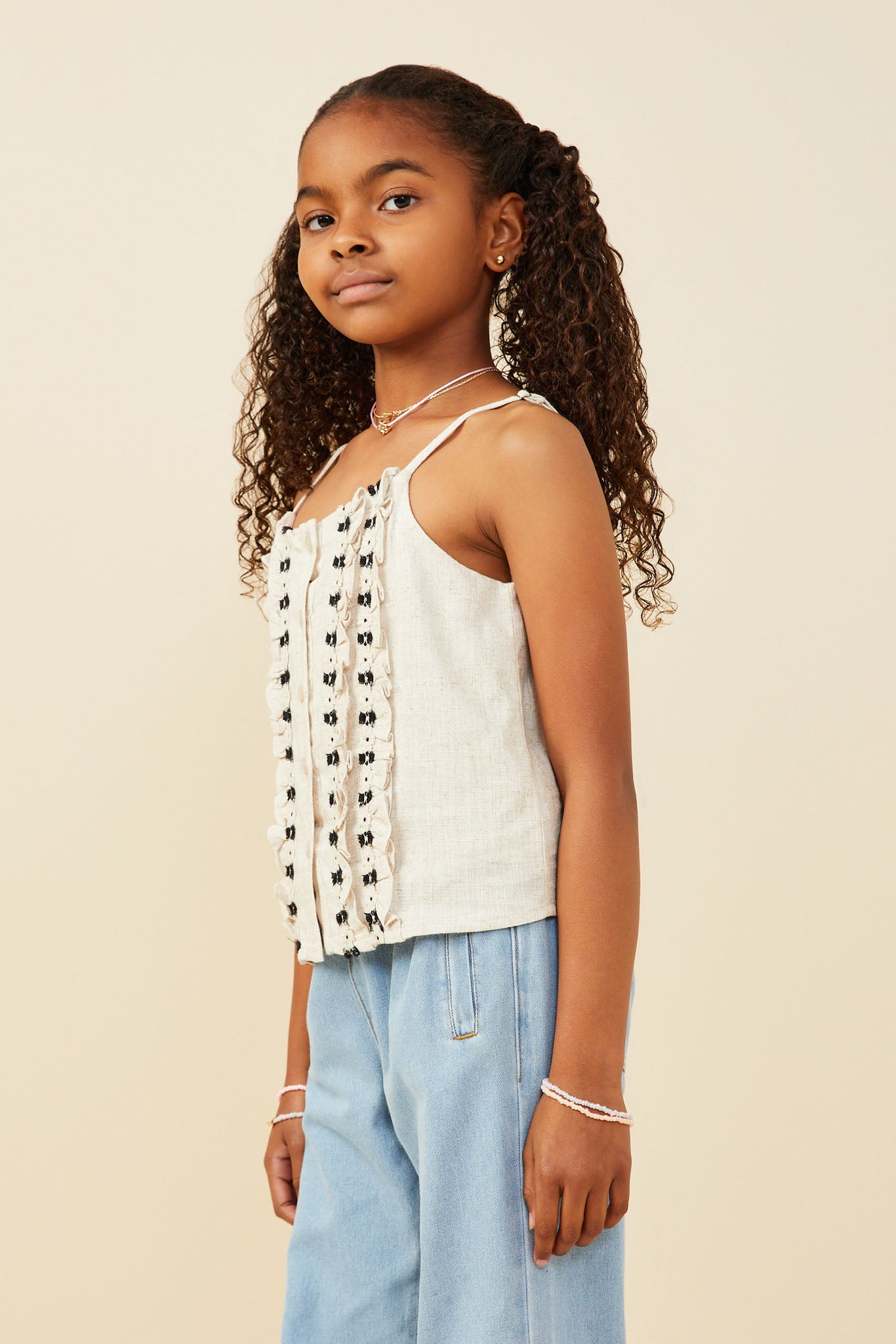 GY9375 Oatmeal Girls Ruffled Tape Trim Linen Tank Side