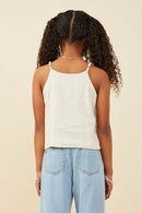 GY9375 Oatmeal Girls Ruffled Tape Trim Linen Tank Back