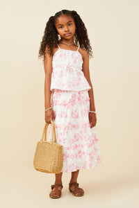 GY9379 Pink Girls Textured Floral Tie Detail Peplum Tank Pose