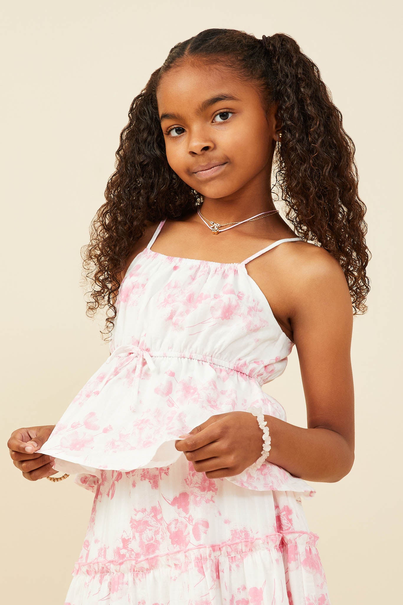 GY9379 Pink Girls Textured Floral Tie Detail Peplum Tank Side